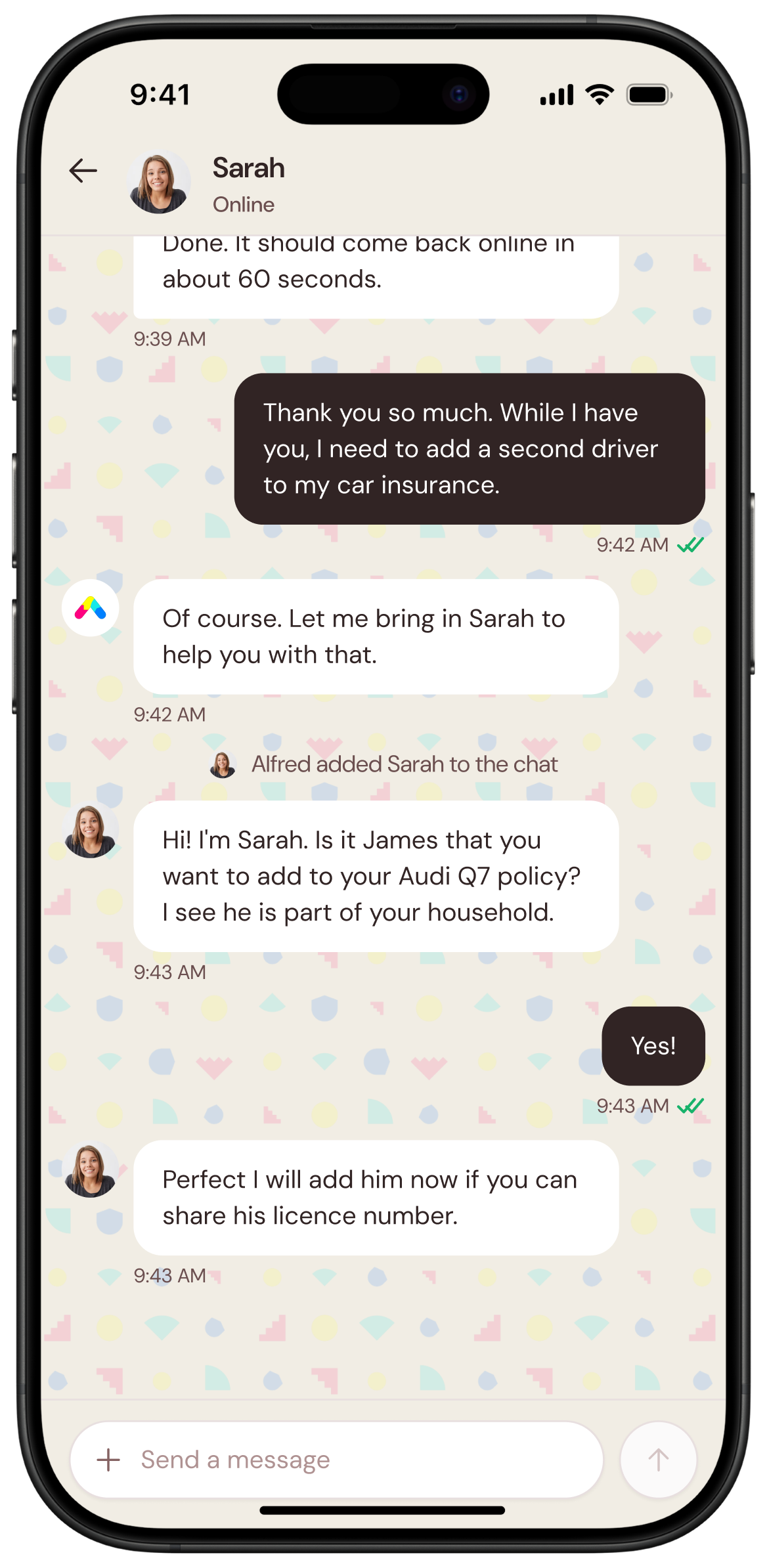 Alfred in-app chat with a human agent